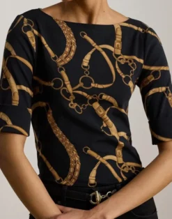 Belting-Print Cotton Boatneck Tee