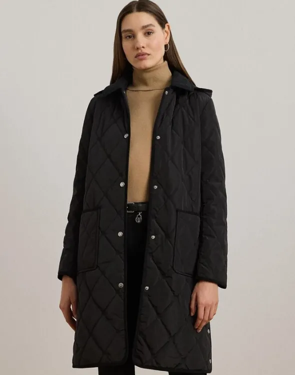 Corduroy-Trim Logo Quilted Hooded Coat