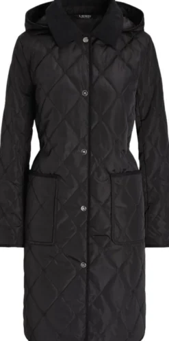 Corduroy-Trim Logo Quilted Hooded Coat