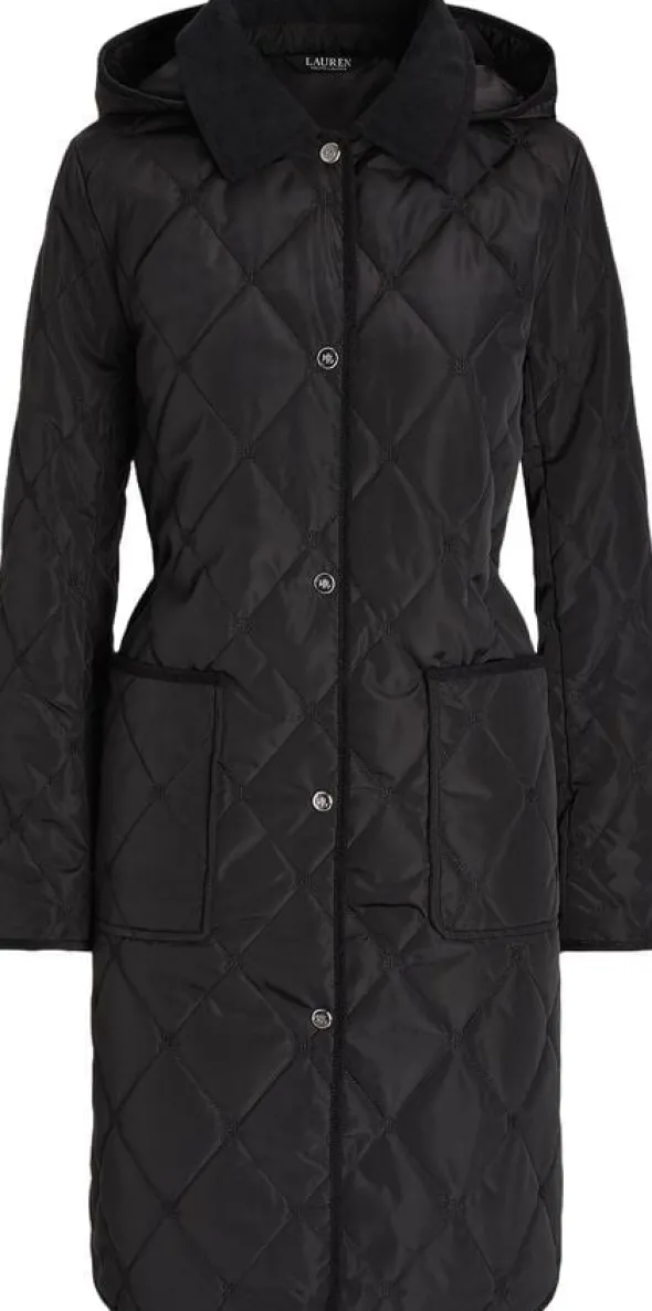 Corduroy-Trim Logo Quilted Hooded Coat