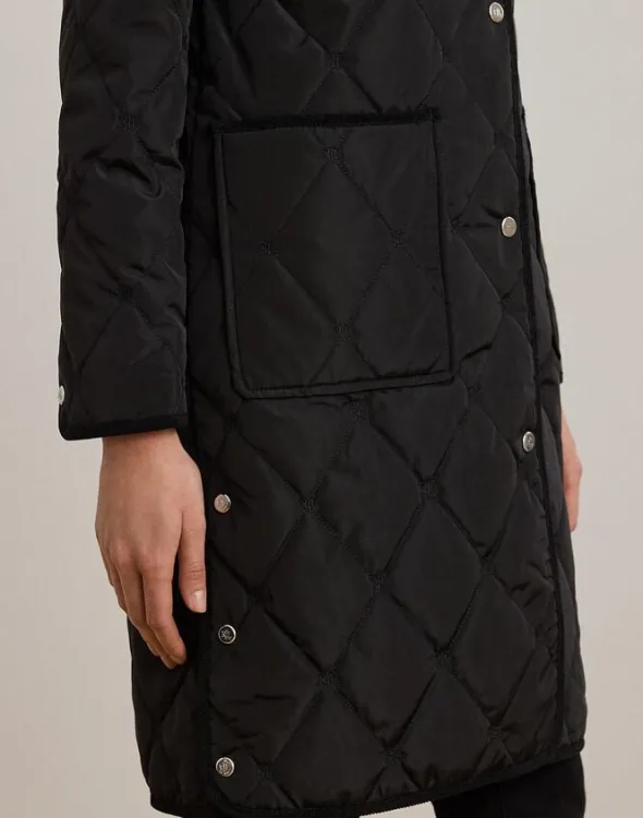 Corduroy-Trim Logo Quilted Hooded Coat
