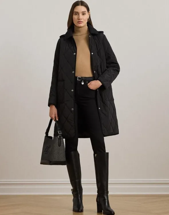 Corduroy-Trim Logo Quilted Hooded Coat