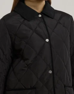 Corduroy-Trim Logo Quilted Hooded Coat