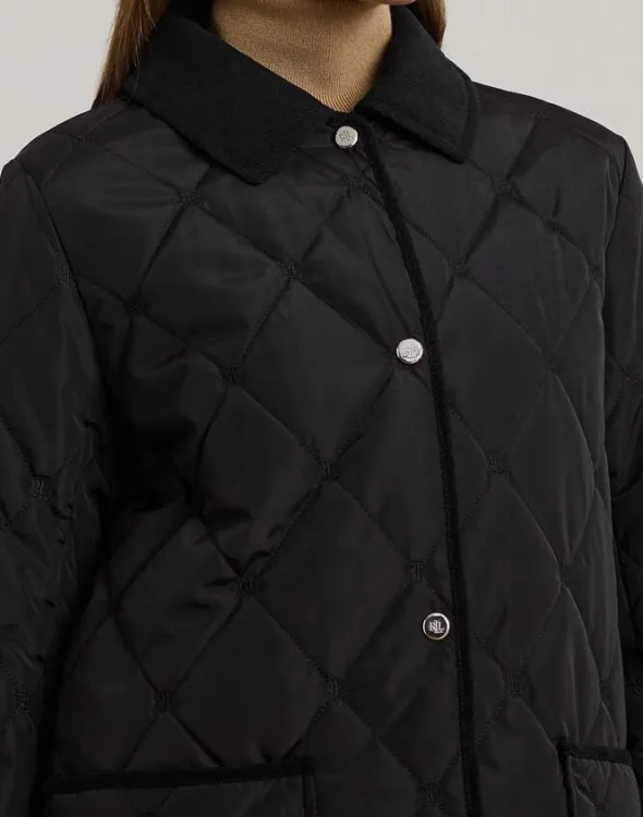 Corduroy-Trim Logo Quilted Hooded Coat