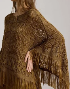Fringe-Trim Pointelle Sweater Poncho