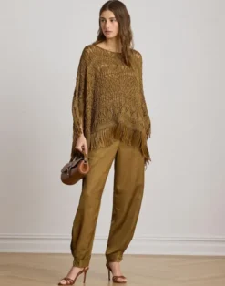 Fringe-Trim Pointelle Sweater Poncho