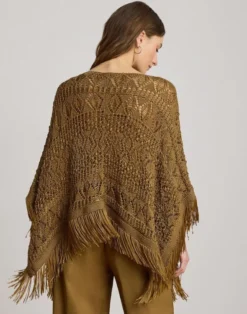 Fringe-Trim Pointelle Sweater Poncho