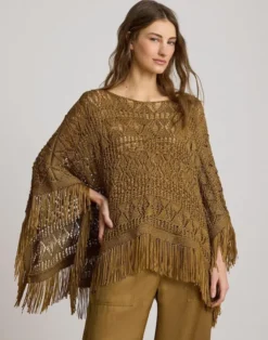 Fringe-Trim Pointelle Sweater Poncho