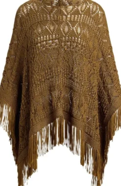 Fringe-Trim Pointelle Sweater Poncho