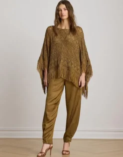 Fringe-Trim Pointelle Sweater Poncho