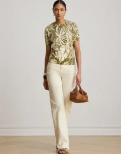 Palm-Frond-Print Short-Sleeve Sweater