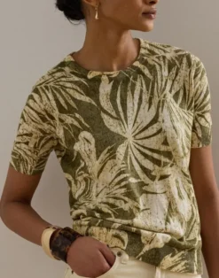 Palm-Frond-Print Short-Sleeve Sweater